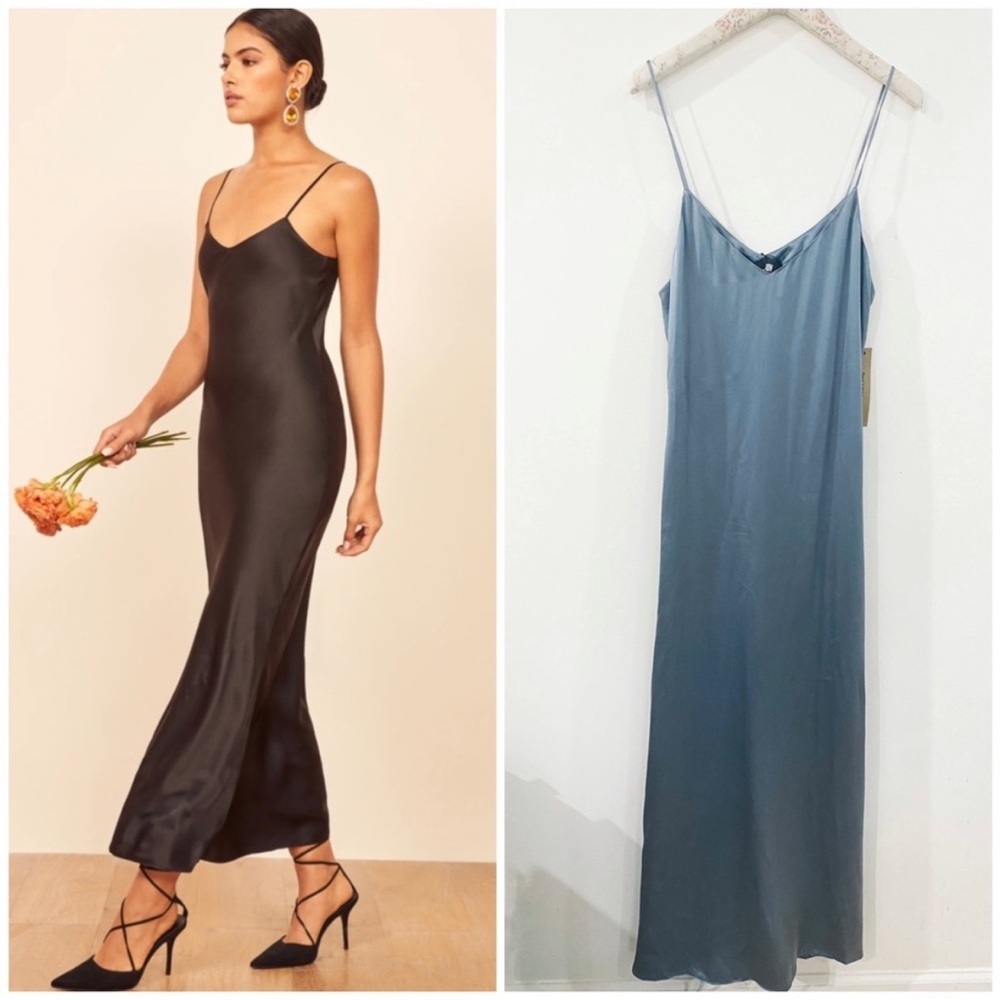 Reformation Genevieve Dress in shiny pale blue/ shiny grey NWT